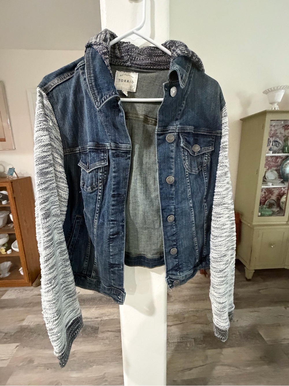 torrid Blue Denim Jacket with Heather Gray Knit Sleeves and Hooded Collar
